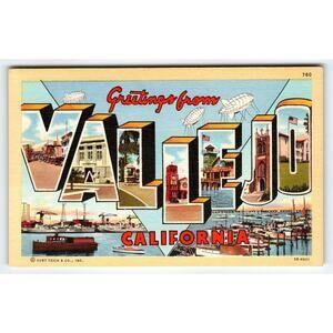Greetings From Vallejo California 1940's Large Letter Linen Postcard Curt Teich
